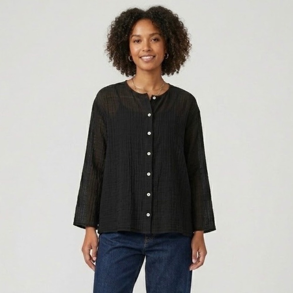 Cut Loose | Black Textured Linen Blend Button Down Boxy Top Size L Made in USA